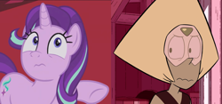 Size: 1350x630 | Tagged: safe, edit, edited screencap, screencap, starlight glimmer, pony, a royal problem, barn, close-up, cropped, looking up, peridot (steven universe), pointing, steven universe, wide eyes