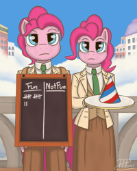 Size: 1024x1280 | Tagged: safe, artist:firefoxproject, bubble berry, pinkie pie, anthro, bioshock, bioshock infinite, chalkboard, crossover, lutece twins, robert lutece, rosalind lutece, rule 63