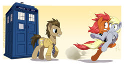 Size: 1752x905 | Tagged: safe, artist:hazurasinner, derpy hooves, doctor whooves, oc, pegasus, pony, doctor who, female, mare, running, tardis