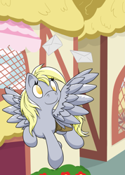 Size: 1447x2036 | Tagged: safe, artist:thepiplup, derpy hooves, pegasus, pony, female, flying, letter, mare, saddle bag, solo