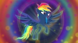 Size: 300x169 | Tagged: artist needed, safe, derpibooru import, evil pie hater dash, rainbow dash, pegasus, pony, secrets and pies, lowres, rainbow background, solo, wallpaper