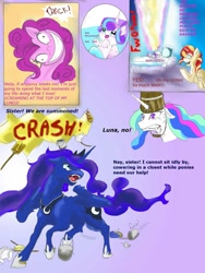 Size: 775x1032 | Tagged: safe, artist:firimil, pinkie pie, princess celestia, princess flurry heart, princess luna, sunset shimmer, alicorn, pony, alicornified, comic, fanfic art, hat, headbucket, race swap, shimmercorn, sunset shimmer is mad about everything