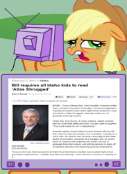 Size: 563x771 | Tagged: safe, applejack, earth pony, pony, ayn rand, evil, exploitable meme, idaho, objectivism, tv meme