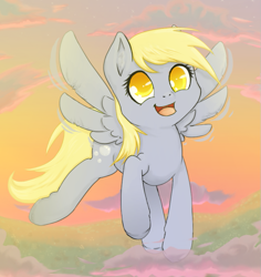 Size: 763x807 | Tagged: safe, artist:e-pon, derpy hooves, pegasus, pony, cloud, cloudy, cute, female, fluffy, flying, looking at you, mare, open mouth, open smile, sky, smiling, solo, spread wings