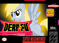 Size: 1000x726 | Tagged: safe, artist:nickyv917, derpy hooves, pegasus, pony, box art, ea, electronic arts, female, mare, parody, shaq-fu, solo, super nintendo, super nintendo entertainment system