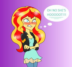 Size: 1280x1180 | Tagged: safe, artist:purfectprincessgirl, adagio dazzle, sunset shimmer, equestria girls, rainbow rocks, blushing, comic, dialogue, female, humanized, implied adagio dazzle, implied lesbian, implied sunsagio, lesbian, meme, oh no he's hot, shipping, solo, spongebob squarepants, squilliam returns, sunsagio, sweat, sweating profusely