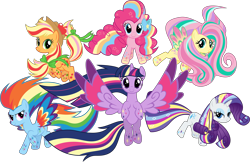 Size: 6825x4417 | Tagged: safe, artist:thisismyphotoshoppin, derpibooru import, applejack, fluttershy, pinkie pie, rainbow dash, rarity, twilight sparkle, twilight sparkle (alicorn), alicorn, earth pony, pegasus, pony, unicorn, twilight's kingdom, absurd resolution, female, mane six, mare, rainbow power, simple background, transparent background, vector