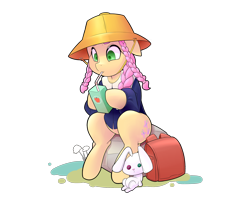 Size: 3000x2500 | Tagged: safe, artist:mrw32, angel bunny, fluttershy, pegasus, pony, alternate hairstyle, braid, filly, hat, juice box