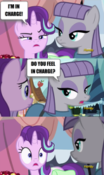 Size: 1275x2151 | Tagged: safe, edit, edited screencap, screencap, maud pie, starlight glimmer, pony, rock solid friendship, am i?, baneposting, discovery family logo, the dark knight rises