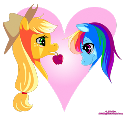 Size: 926x862 | Tagged: safe, artist:relaxn, derpibooru import, applejack, rainbow dash, earth pony, pegasus, pony, apple, appledash, female, heart, lesbian, shipping