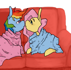 Size: 717x709 | Tagged: safe, artist:vilesoup, derpibooru import, fluttershy, rainbow dash, pegasus, pony, blanket, comfy, eye contact, eyebrows, female, flutterdash, imminent kissing, kissy face, lesbian, lidded eyes, looking at each other, profile, shipping, sofa