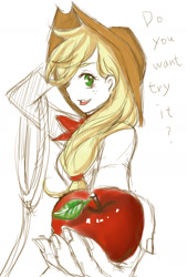 Size: 1181x1748 | Tagged: safe, artist:tomado girl, applejack, apple, dialogue, engrish, food, humanized, lasso, monochrome, neo noir, partial color, pixiv, presenting, solo