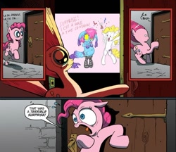 Size: 842x729 | Tagged: safe, idw, pinkie pie, surprise, oc, oc:cteno, earth pony, pony, exploitable meme, meme, pregnant, pun, surprise door