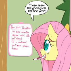 Size: 1000x1000 | Tagged: safe, artist:ponett, fluttershy, pegasus, pony, ask, dialogue, female, mare, marker, mouth hold, new year's resolution, smiling, solo, speech bubble, teeth, text, whiteboard