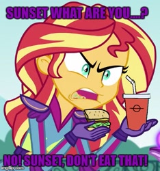 Size: 365x390 | Tagged: safe, artist:dopeedit, edit, edited screencap, editor:fuckedupeditlol, screencap, sunset shimmer, equestria girls, friendship games, caption, eating, exploitable meme, image macro, meme, op, ponies eating meat, solo, sunset is not willing to learn