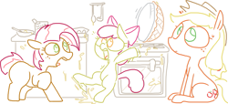 Size: 1087x494 | Tagged: safe, artist:the weaver, apple bloom, applejack, babs seed, earth pony, pony, pie, simple background, white background