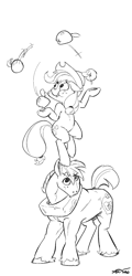 Size: 799x1662 | Tagged: safe, artist:boreddrawfag, applejack, big macintosh, earth pony, pony, balance, balancing, female, hat, headstand, juggling, lineart, male, mare, pile, stallion