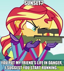 Size: 403x450 | Tagged: safe, artist:dopeedit, edit, edited screencap, editor:fuckedupeditlol, screencap, sunset shimmer, equestria girls, friendship games, caption, death threat, exploitable meme, female, gun, meme, optical sight, rifle, sniper, sniper rifle, text, this will end in tears and/or death, threat, weapon