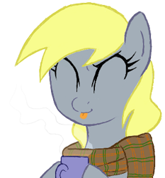 Size: 308x331 | Tagged: safe, artist:hipster-ponies, derpy hooves, pegasus, pony, clothes, female, mare, mug, scarf, simple background, solo, tongue out, transparent background