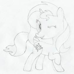 Size: 1079x1079 | Tagged: safe, artist:renardprower, sunset shimmer, pony, looking at you, monochrome, pencil drawing, raised hoof, rough sketch, simple background, smiling, solo, traditional art, white background, wink, wip