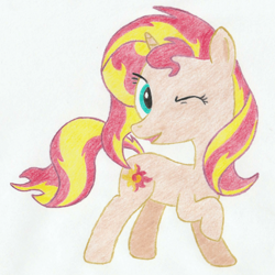 Size: 1079x1081 | Tagged: safe, artist:renardprower, sunset shimmer, pony, colored, colored pencil drawing, looking at you, pencil drawing, raised hoof, simple background, smiling, solo, traditional art, white background, wink