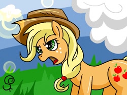 Size: 800x600 | Tagged: safe, artist:shinkuma, applejack, earth pony, pony, female, mare, solo, yelling