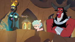 Size: 1280x720 | Tagged: safe, screencap, cozy glow, lord tirek, queen chrysalis, centaur, changeling, changeling queen, pony, frenemies (episode), cozy glow is not amused, crossed arms, female, filly, foal, lantern, male, nose piercing, nose ring, piercing, trio