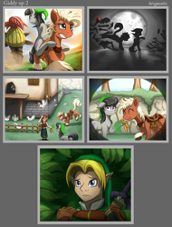 Size: 1181x1550 | Tagged: safe, artist:angerelic, derpy hooves, octavia melody, earth pony, pony, comic, crossover, cucco, epona, female, kakariko village, link, mare, ponies riding ponies, ponified, the legend of zelda