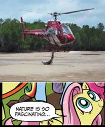 Size: 390x471 | Tagged: safe, idw, fluttershy, crocodile, pegasus, pony, badass, blue coat, blue eyes, dialogue, exploitable meme, female, helicopter, looking up, mare, meme, multicolored tail, nature is so fascinating, pink coat, pink mane, smiling, speech bubble, wings, yellow coat