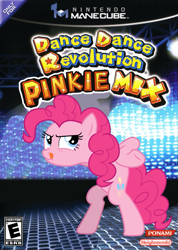 Size: 711x1000 | Tagged: safe, artist:nickyv917, pinkie pie, earth pony, pony, box art, chicken dance, dance dance revolution, dance dance revolution mario mix, gamecube, konami, nintendo, parody, rhythm game, solo