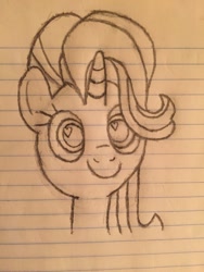 Size: 1024x1365 | Tagged: safe, artist:whobawhats, starlight glimmer, pony, unicorn, bust, c:, female, heart eyes, lined paper, mare, monochrome, pencil drawing, portrait, smiling, solo, traditional art, wingding eyes