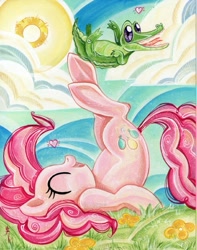 Size: 629x800 | Tagged: safe, artist:sararichard, gummy, pinkie pie, earth pony, pony, heart, traditional art