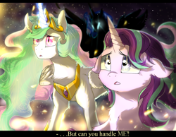 Size: 4500x3500 | Tagged: safe, artist:96paperkuts, daybreaker, nightmare moon, princess celestia, starlight glimmer, alicorn, pony, a royal problem, absurd resolution, battlefield, concerned, dream, floppy ears, fluffy, high res, magic, offscreen character, scene interpretation