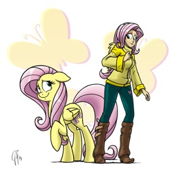 Size: 1000x1000 | Tagged: safe, artist:glancojusticar, fluttershy, human, clothes, cutie mark background, duo, duo female, female, human ponidox, humanized, looking at each other, raised hoof, smiling, solo, sweater, sweatershy, winged humanization