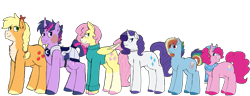 Size: 6493x2500 | Tagged: safe, artist:sylver-unicorn, derpibooru import, applejack, fluttershy, pinkie pie, rainbow dash, rarity, twilight sparkle, earth pony, pegasus, pony, unicorn, alternate design, armor, clothes, high res, mane six, scar, scarf, simple background, sweater, sweatershy, transparent background, wingless