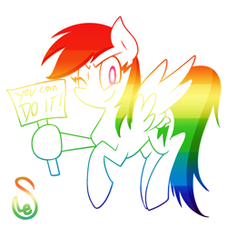 Size: 1400x1400 | Tagged: safe, alternate version, artist:quarium, derpibooru import, rainbow dash, pegasus, pony, female, hoof hold, looking at you, mare, motivational, multicolored hair, one eye closed, positive ponies, sign, simple background, smiling, solo, white background, wink