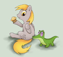 Size: 705x636 | Tagged: safe, artist:hydro-king, derpy hooves, gummy, pegasus, pony, duo, female, mare, muffin, pet