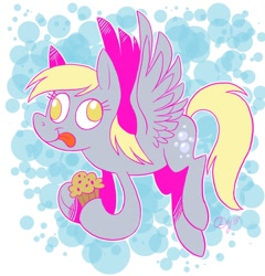 Size: 1024x1066 | Tagged: safe, artist:graystripe64, derpy hooves, pegasus, pony, female, flying, mare, muffin, solo, tongue out