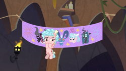 Size: 1920x1080 | Tagged: safe, screencap, cozy glow, grogar, lord tirek, queen chrysalis, changeling, changeling queen, pegasus, pony, frenemies (episode), banner, female, filly, flying, foal, solo, torch