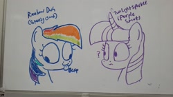 Size: 3264x1836 | Tagged: safe, artist:moonatik, derpibooru exclusive, derpibooru import, rainbow dash, twilight sparkle, pegasus, pony, :p, duo, photo, purple smart, question mark, silly, speedycloud, tongue out, traditional art, whiteboard