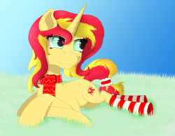 Size: 1023x796 | Tagged: safe, artist:fia94, sunset shimmer, pony, unicorn, equestria girls, advent calendar, christmas, clothes, scarf, socks, sockset shimmer, solo, striped socks