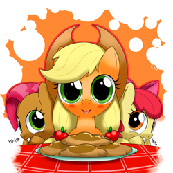 Size: 1200x1200 | Tagged: safe, artist:hoyeechun, apple bloom, applejack, babs seed, earth pony, pony, apple fritter (food), cousins, female, food, siblings, sisters, trio