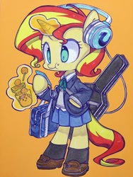 Size: 960x1280 | Tagged: safe, artist:mosamosa_n, sunset shimmer, pony, unicorn, bag, bipedal, clothes, cute, eating, guitar, guitar case, headphones, jacket, magic, orange background, phone, pleated skirt, scootachicken, shimmerbetes, shoes, simple background, skirt, smartphone, socks, solo, telekinesis