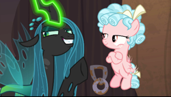 Size: 498x282 | Tagged: safe, screencap, cozy glow, queen chrysalis, changeling, changeling queen, pegasus, pony, the summer sun setback, bow, crossed hooves, evil grin, fangs, female, filly, flapping, foal, former queen chrysalis, freckles, glowing horn, grin, hair bow, horn, lidded eyes, magic, raised eyebrow, smiling