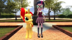 Size: 1360x768 | Tagged: safe, artist:mk513, sci-twi, sunset shimmer, twilight sparkle, pony, unicorn, equestria girls, 3d, blushing, female, gmod, interspecies, lesbian, scitwishimmer, shipping, sunsetsparkle