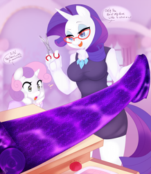 Size: 978x1124 | Tagged: safe, artist:isabeau, rarity, sweetie belle, anthro, breasts, fabric, female, glasses, raritits, scissors