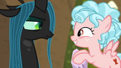 Size: 1920x1080 | Tagged: safe, screencap, cozy glow, queen chrysalis, changeling, changeling queen, pegasus, pony, frenemies (episode), duo, female, filly, foal, lidded eyes