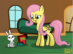 Size: 1950x1469 | Tagged: safe, artist:xylophon, angel bunny, fluttershy, pegasus, pony, box, cereal, sofa, trix