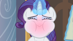 Size: 1280x720 | Tagged: safe, screencap, rarity, pony, unicorn, sweet and elite, glowing horn, magic, puffy cheeks, solo