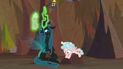 Size: 1920x1080 | Tagged: safe, screencap, cozy glow, queen chrysalis, changeling, changeling queen, pegasus, pony, frenemies (episode), female, filly, foal, glowing horn, horn, log, magic, magic aura, telekinesis